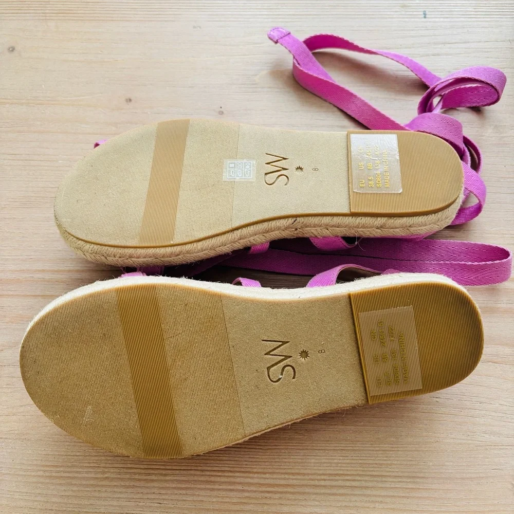 Stuart Weitzman 32MM Espadrille‎ Platform Sandals Pink Tan Chic Tie Up